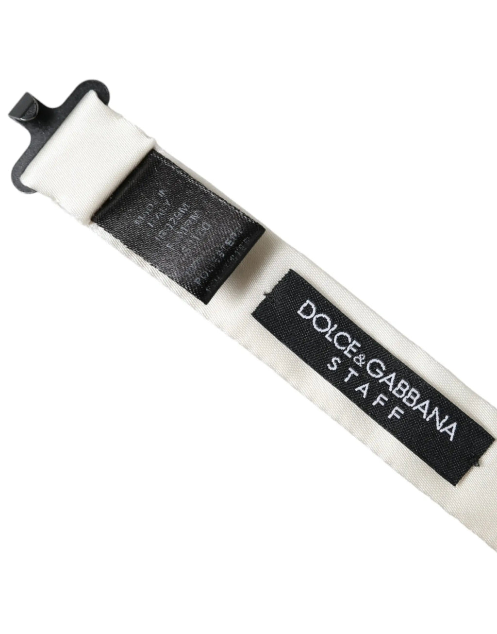 Sangle en tissu blanc avec étiquettes noires tissées dolce gabbana staff sur nœud papillon gris noir à pois en polyester homme