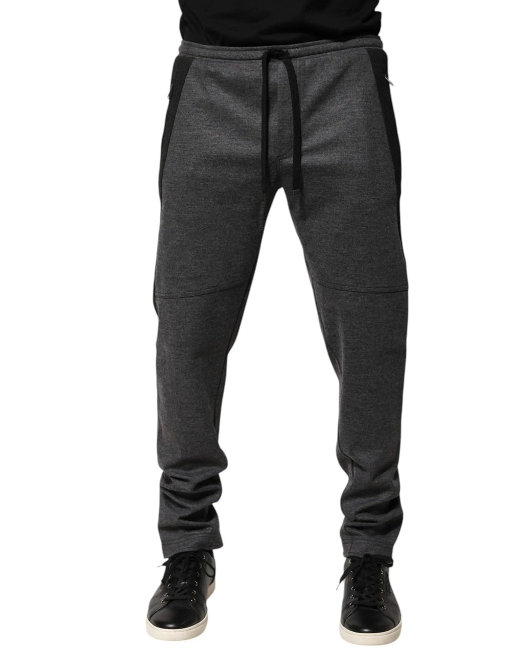 Dolce & gabbana gray black wool blend jogger sweatpants with dark gray heathered fabric black side panels and drawstring waist
