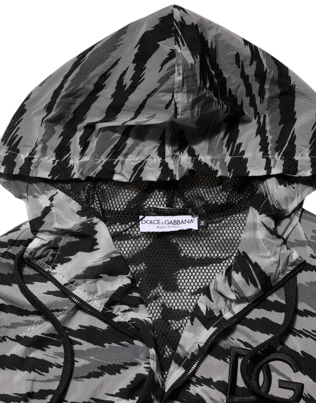Dolce & gabbana sweat à capuche camouflage gris avec rayures tigre noires et doublure en mesh