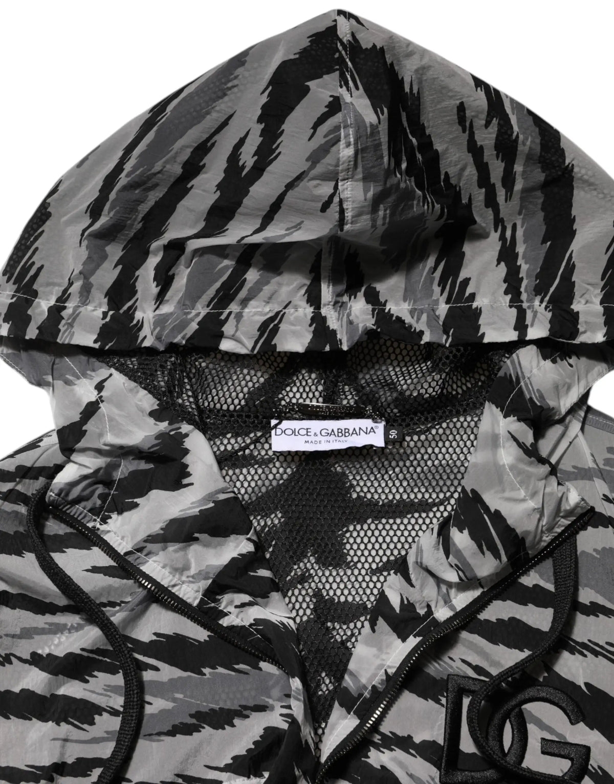 Dolce & gabbana sweat à capuche camouflage gris avec rayures tigre noires et doublure en mesh