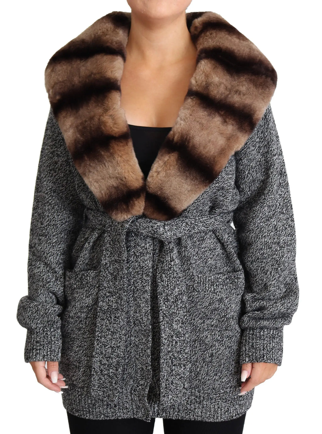 Cardigan en laine gris dolce gabbana avec col en fausse fourrure rayé marron et noir en cachemire