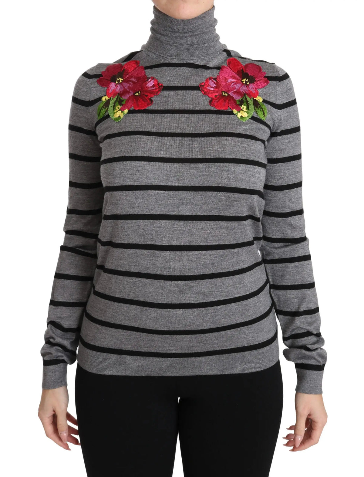 Dolce gabbana pull à col roulé en cachemire et soie gris rayé noir avec broderie florale rouge aux épaules