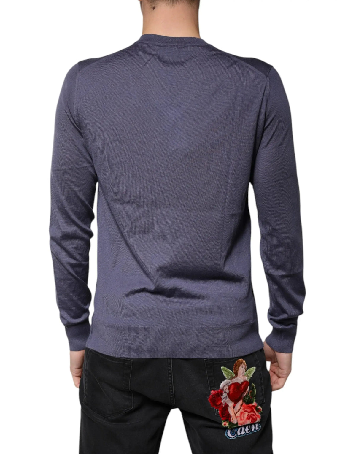 Pull over dolce & gabbana gris en cachemire homme vue arrière avec motif en maille texturée et ange brodé