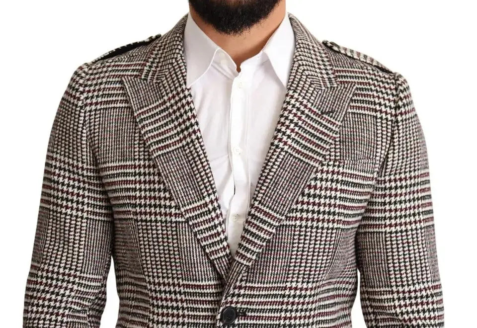 Blazer homme à motif pied-de-poule noir blanc et bordeaux avec épaulettes dans la veste trench long à carreaux grise dolce & gabbana