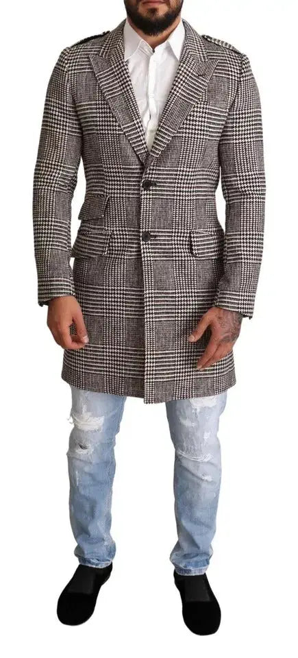 Dolce & Gabbana manteau long pour homme en laine texturée gris à carreaux blancs avec col cranté et poches à rabat