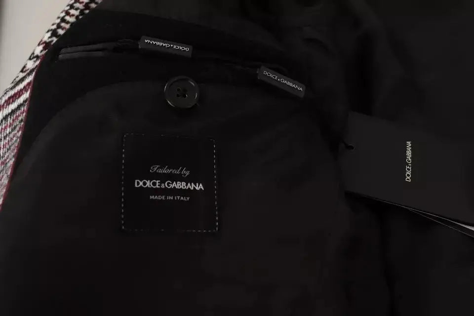 Intérieur noir de veste dolce & gabbana avec étiquettes de marque et fermeture à bouton pour trench long gris à carreaux