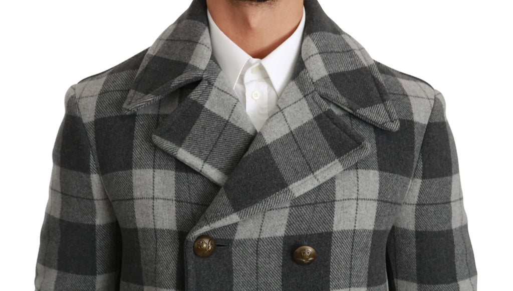 Dolce & Gabbana manteau en laine et cachemire gris à carreaux noir avec boutons en laiton robuste double boutonnage