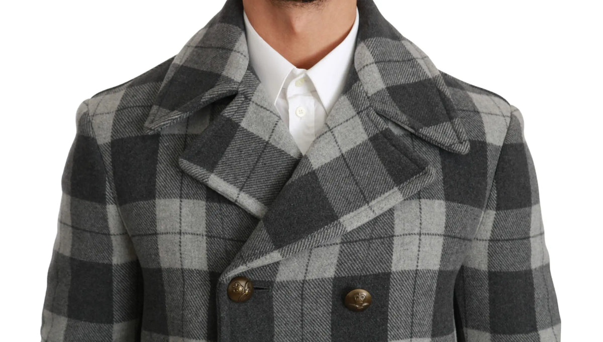 Dolce & Gabbana manteau en laine et cachemire gris à carreaux noir avec boutons en laiton robuste double boutonnage