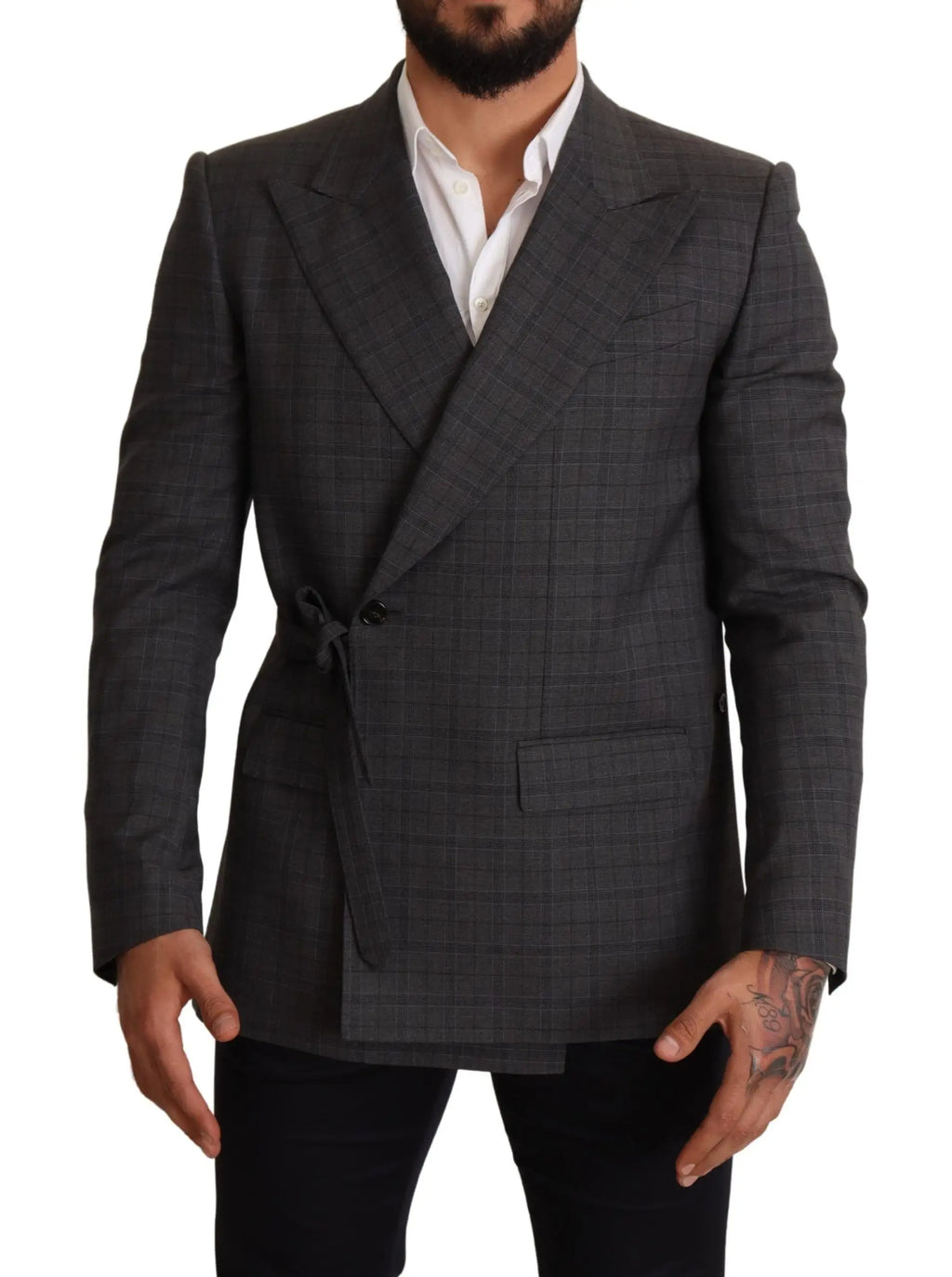 Dolce & gabbana blazer slim fit en laine gris foncé à carreaux avec veste croisée et ceinture nouée