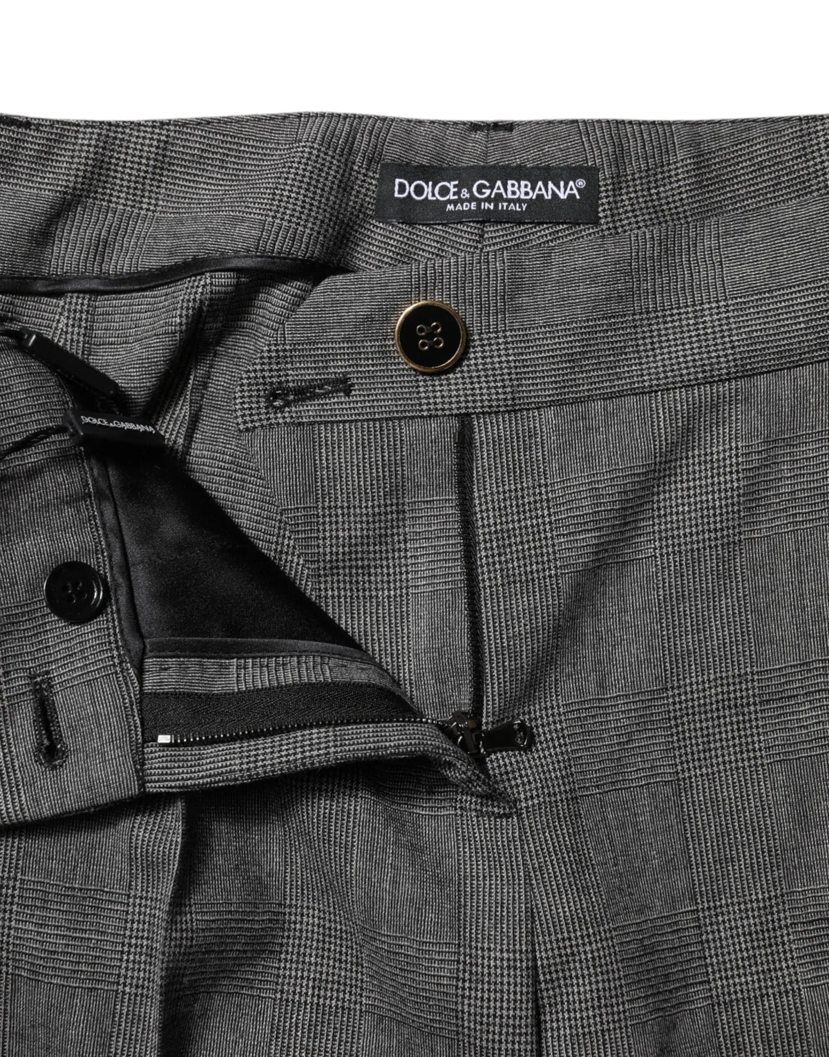 Pantalon homme dolce & gabbana gris à carreaux en laine avec boutons noirs et étiquette de marque haute taille évasé