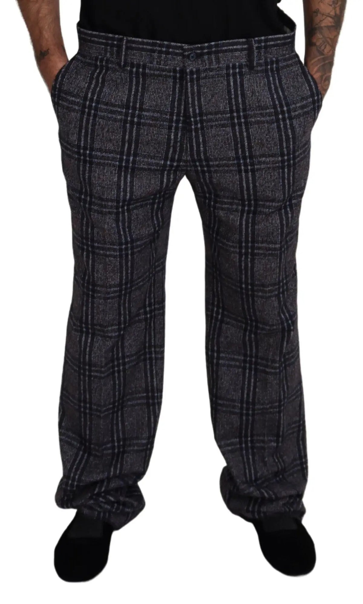 Pantalon homme dolce & gabbana gris à carreaux en laine à taille mi-haute avec boucle et motif classique