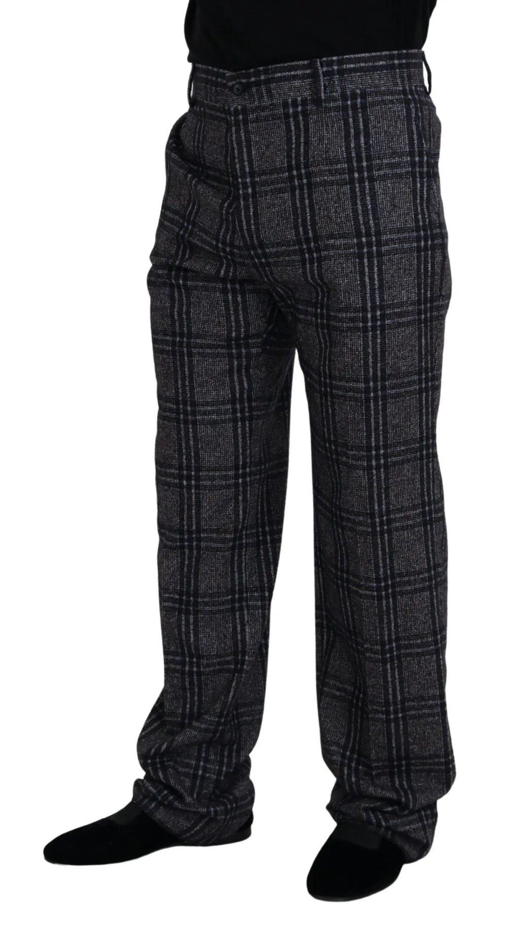 Pantalon homme dolce gabbana en laine gris foncé à carreaux avec motifs classiques et passants pour ceinture