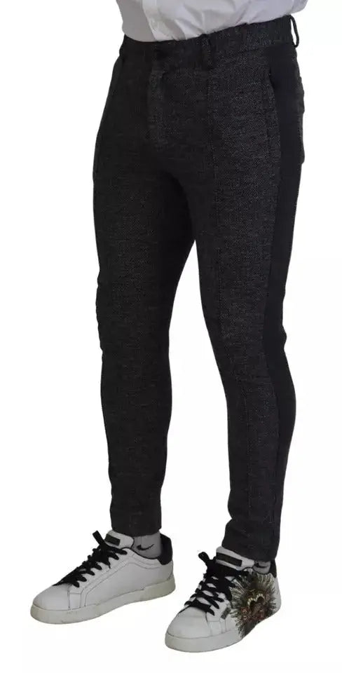 Pantalon slim en viscose gris à motif chevron dolce gabbana avec texture noire subtile et détails de coutures latérales