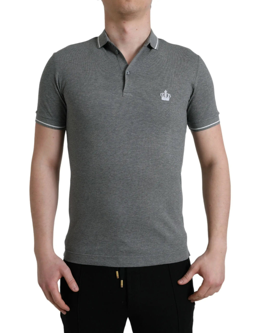 Polo gris chiné dolce & gabbana avec col et manches blanches et logo couronne brodé poitrine