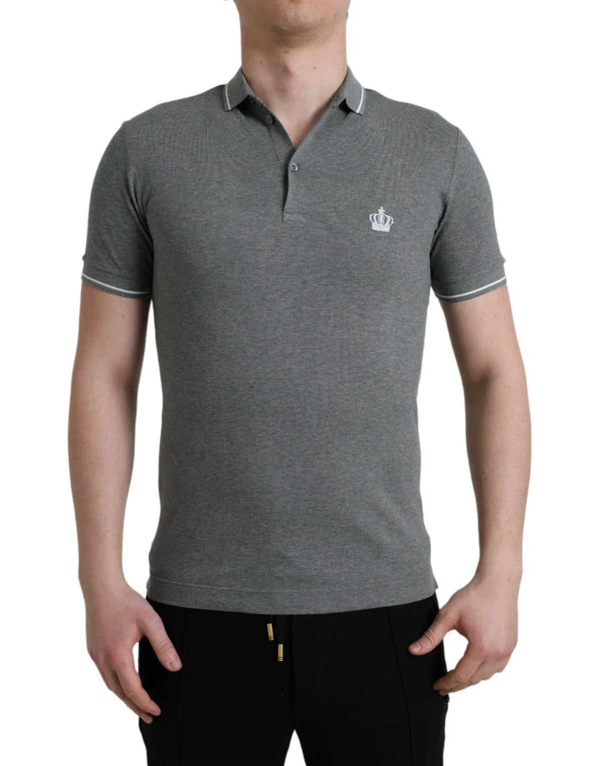 Polo gris chiné dolce & gabbana avec col et manches blanches et logo couronne brodé poitrine