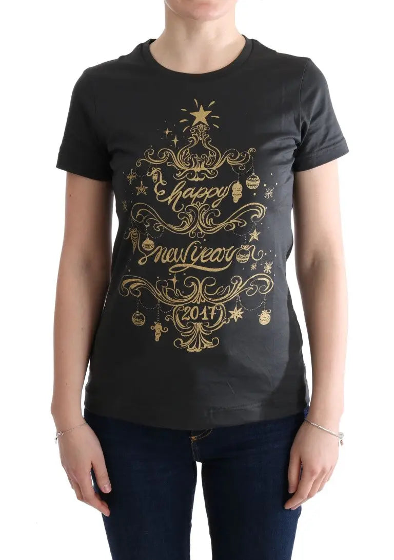 T-shirt dolce & gabbana gris en coton avec imprimé doré sapin de noël joyeux nouvel an 2017 manches courtes noir