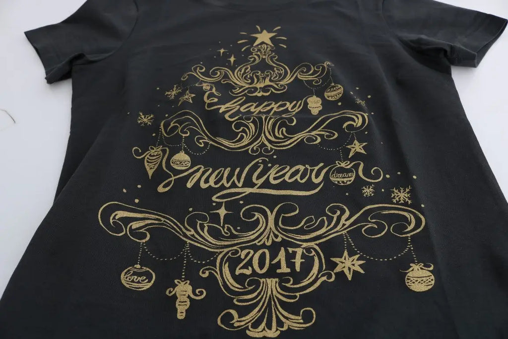 T-shirt dolce & gabbana gris en coton avec motif doré de sapin de noël et message happy new year 2017