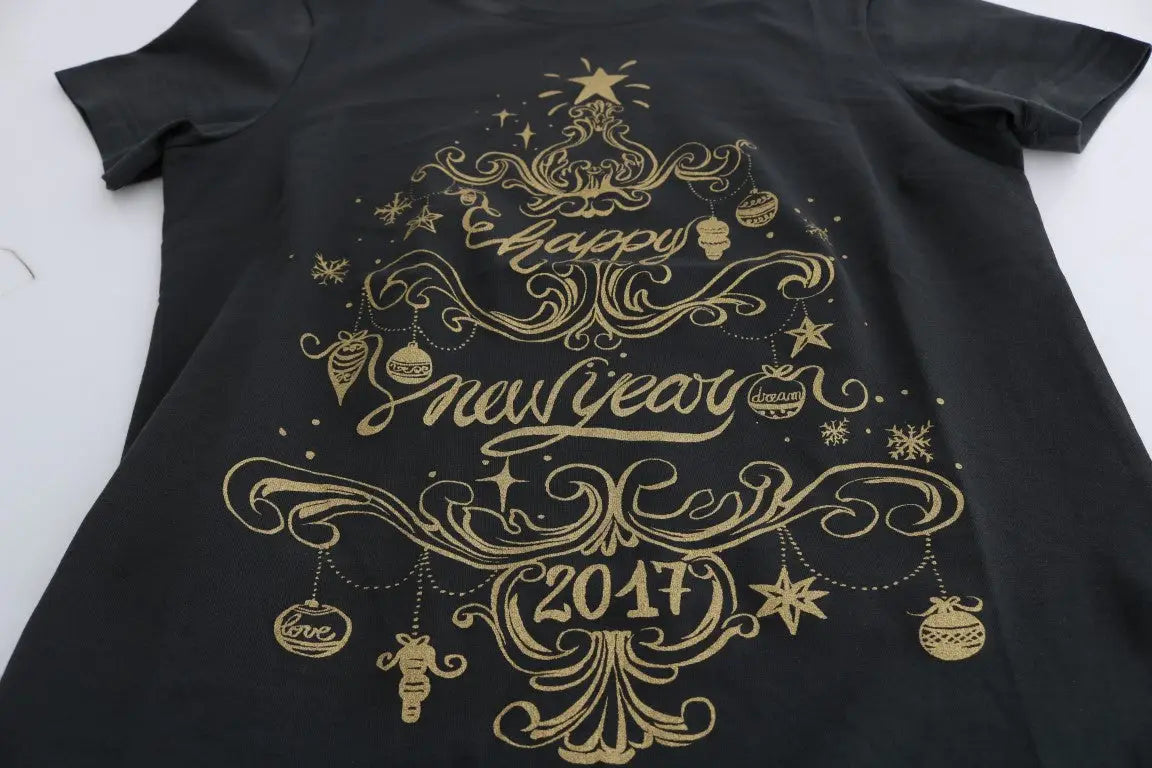 T-shirt dolce & gabbana gris en coton avec motif doré de sapin de noël et message happy new year 2017
