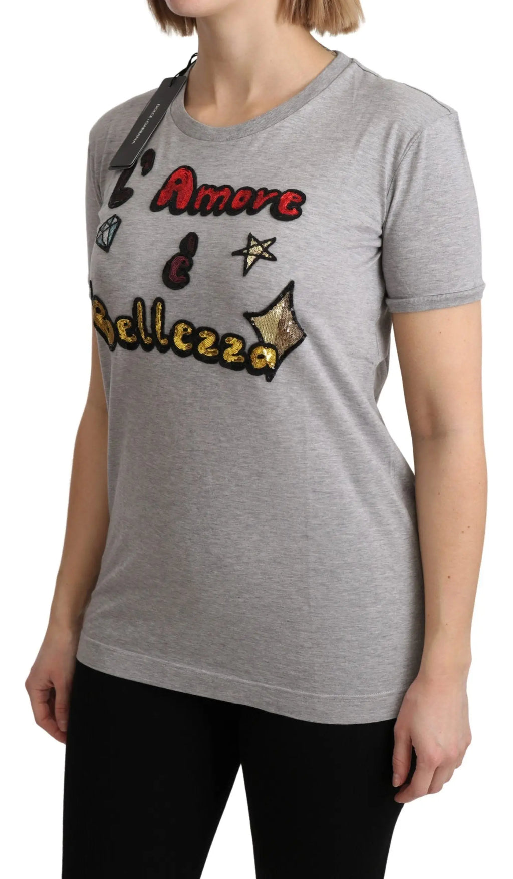 Dolce & gabbana t-shirt en coton gris avec broderies amore e bellezza en rouge or et noir et accents de sequins