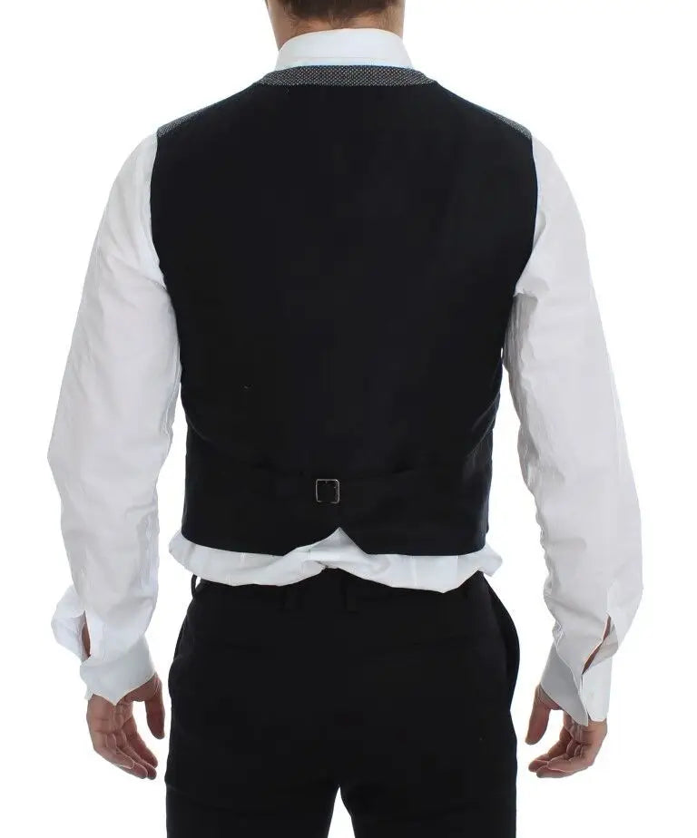 Gilet dolce & gabbana en laine noire avec bordure texturée subtile au col et à la taille en coton gris mélangé