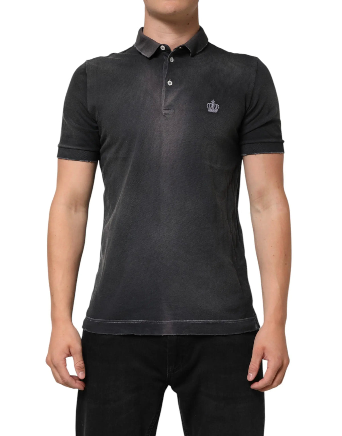 Polo pour homme dolce & gabbana en coton noir avec texture douce et logo couronne brodé sur la poitrine gauche