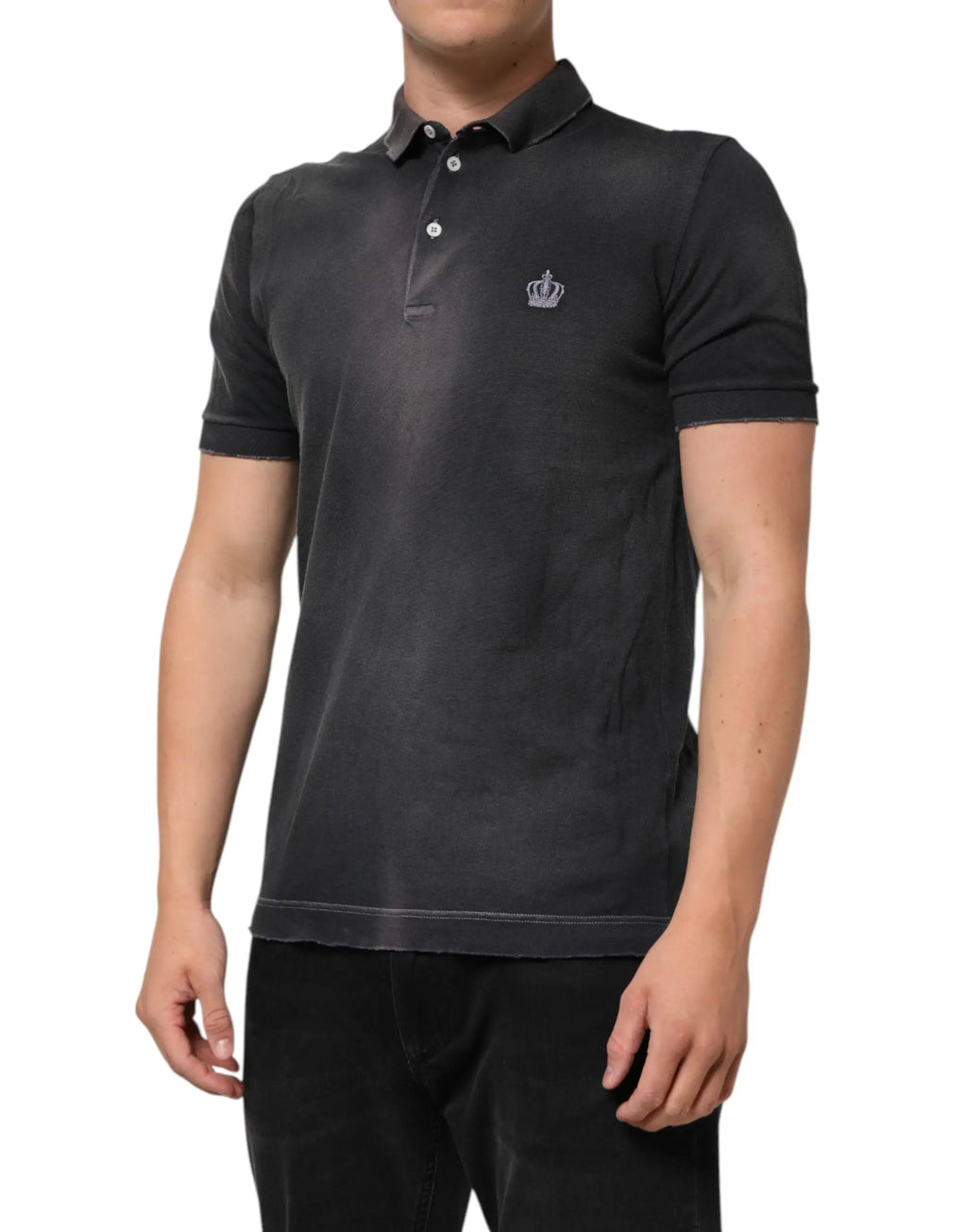 Polo pour homme dolce & gabbana gris en coton avec tissu texturé subtil et logo couronne brodé sur la poitrine