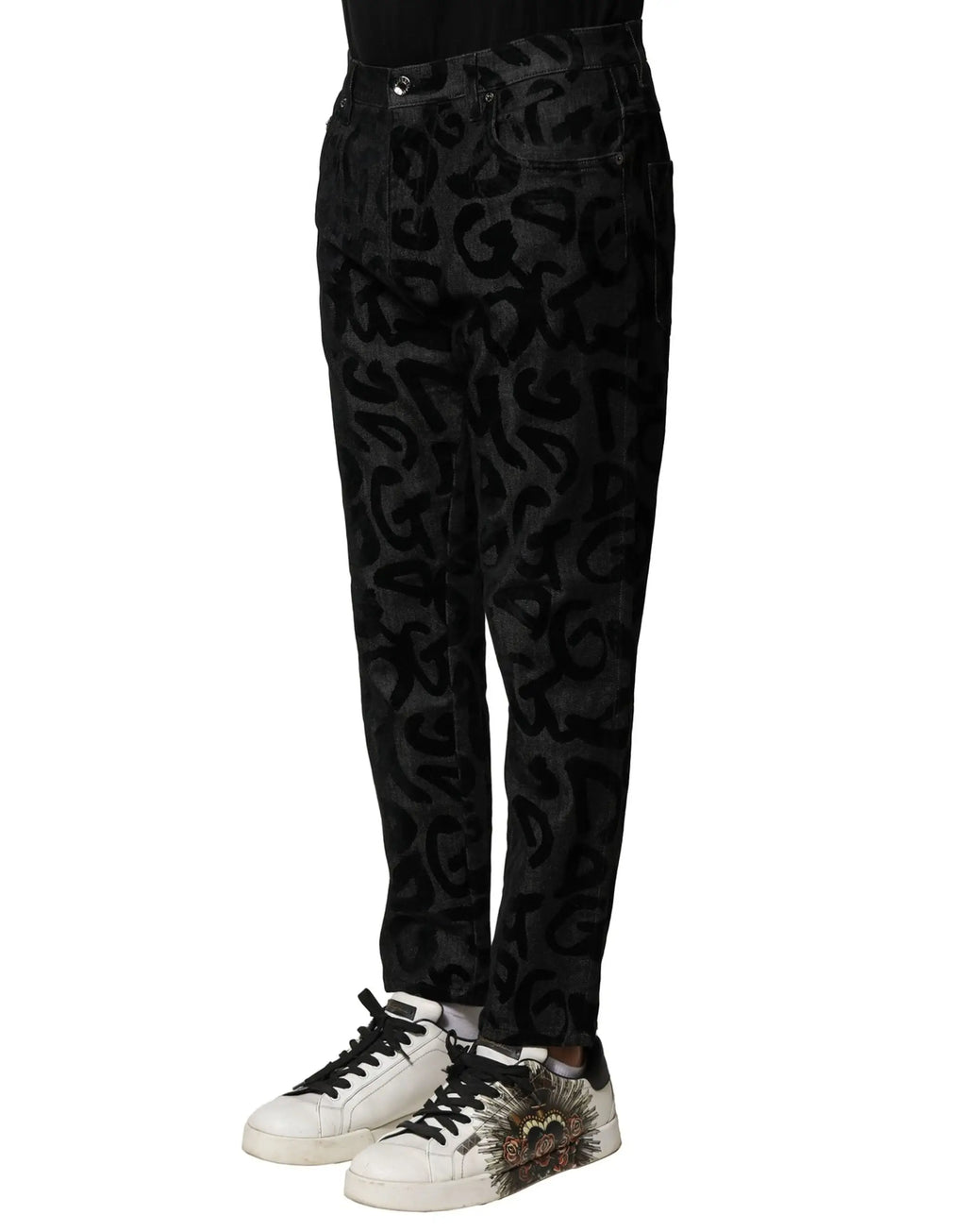 Jean droit dolce & gabbana en coton gris avec motif logo dg répété en denim noir