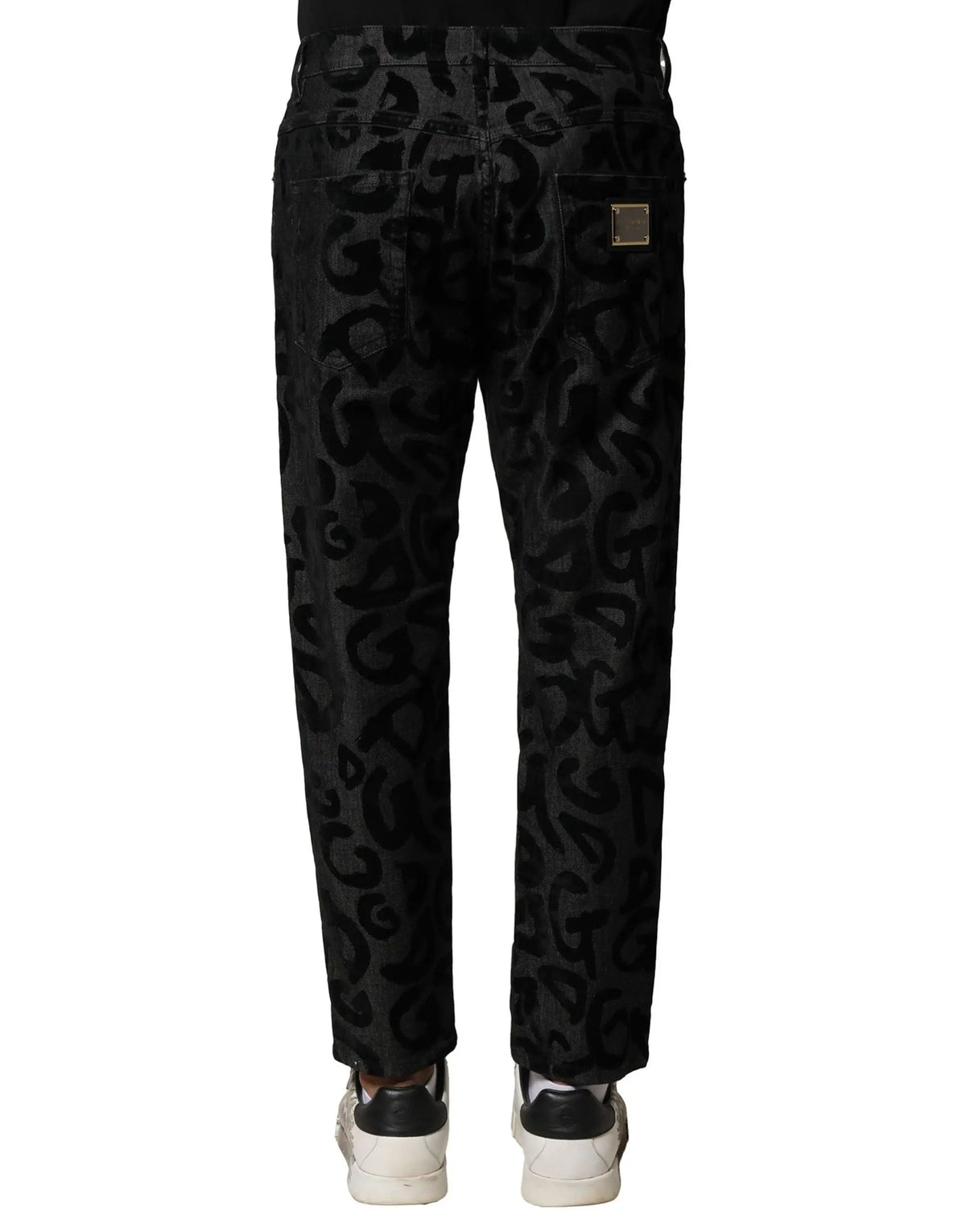 Jean droit pour homme dolce & gabbana en coton gris avec imprimé léopard abstrait noir et patch doré métallisé au dos