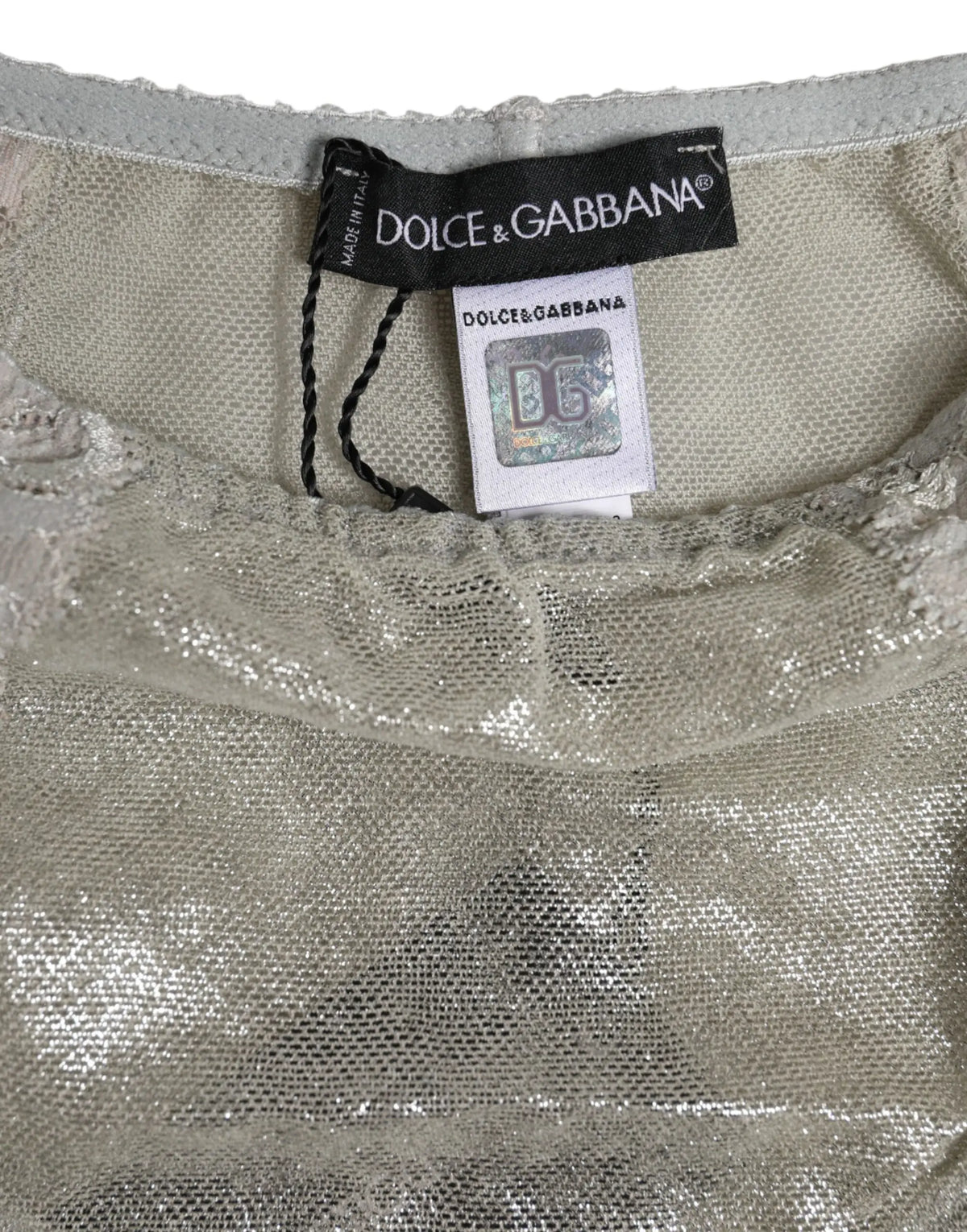 Dolce & gabbana gray cotton floral lace high waist panty paired with metallic silver mesh top with lace trim