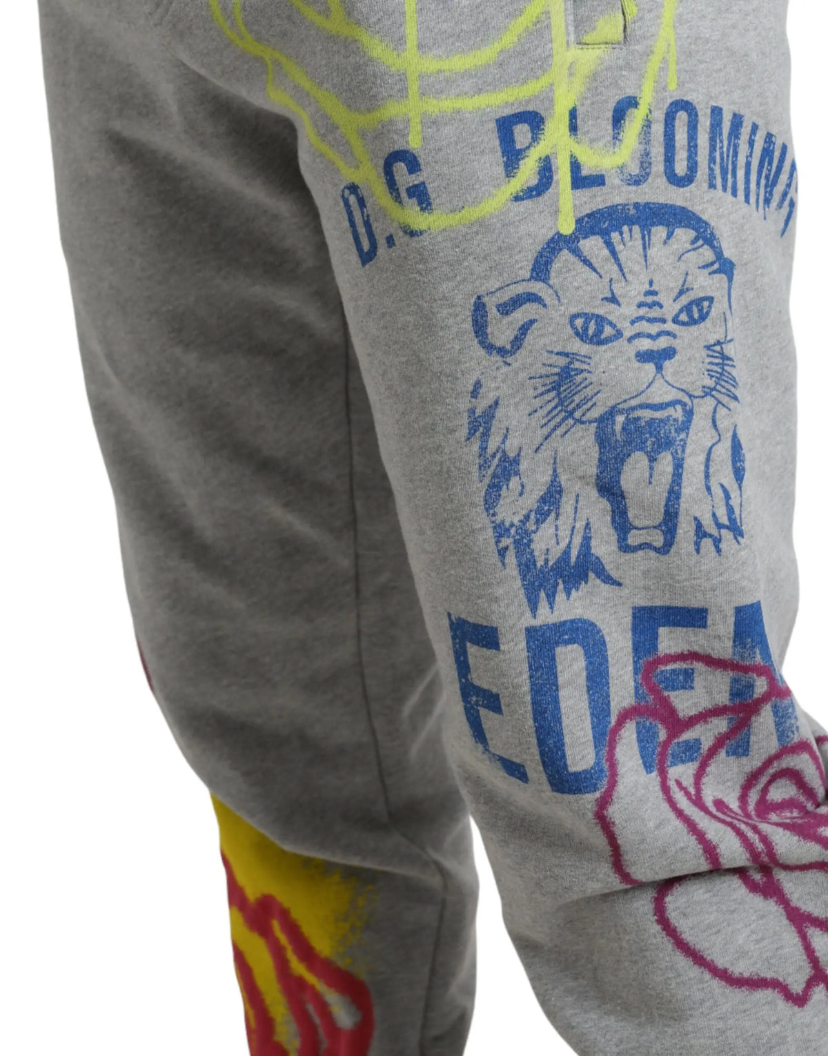 Pantalon de jogging gris dolce & gabbana en coton avec lion bleu, accents floraux néon jaune et rose et inscription d.g