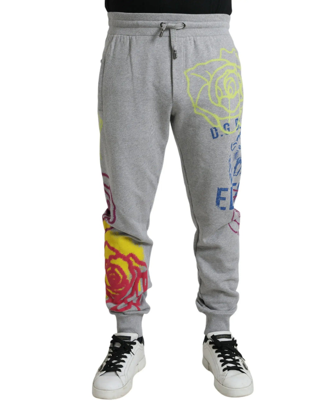 Dolce & gabbana gray cotton sweatpants with multicolored yellow and red rose graphics and bold lettering accents