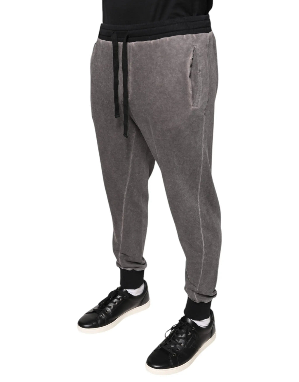 Dolce & gabbana gray cotton jogger pants in velour with black drawstring waistband and side pockets