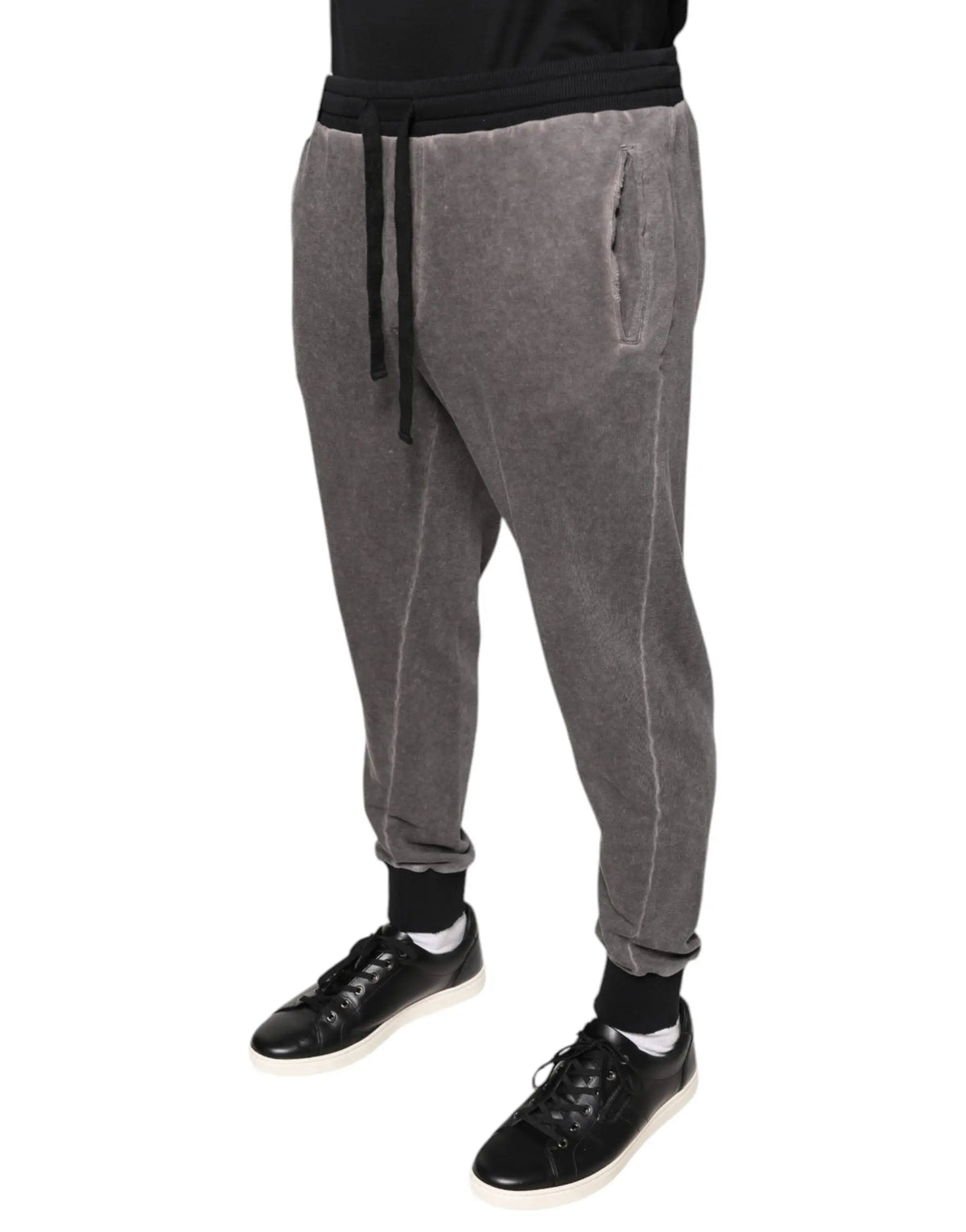 Dolce & gabbana gray cotton jogger pants in velour with black drawstring waistband and side pockets