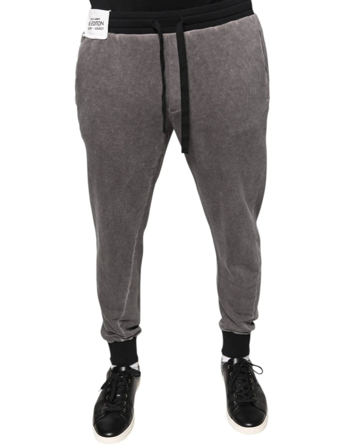 Dolce & gabbana gray cotton jogger pants en velours côtelé avec cordon noir et poignets élastiques