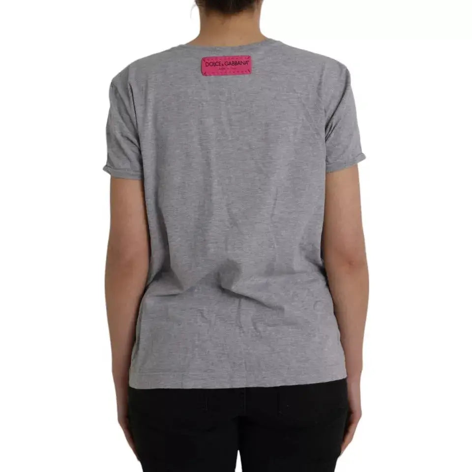 T-shirt dolce & gabbana gris en coton chiné avec étiquette rose dolce & gabbana au col