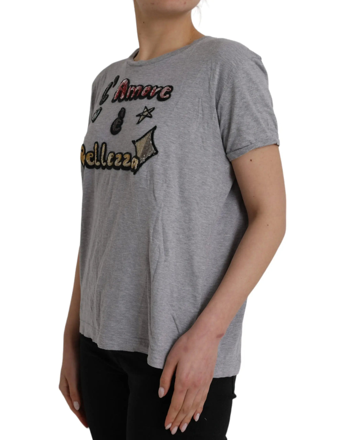 Tee-shirt dolce & gabbana gris en coton avec broderie c amore bellezza et sequins étoile