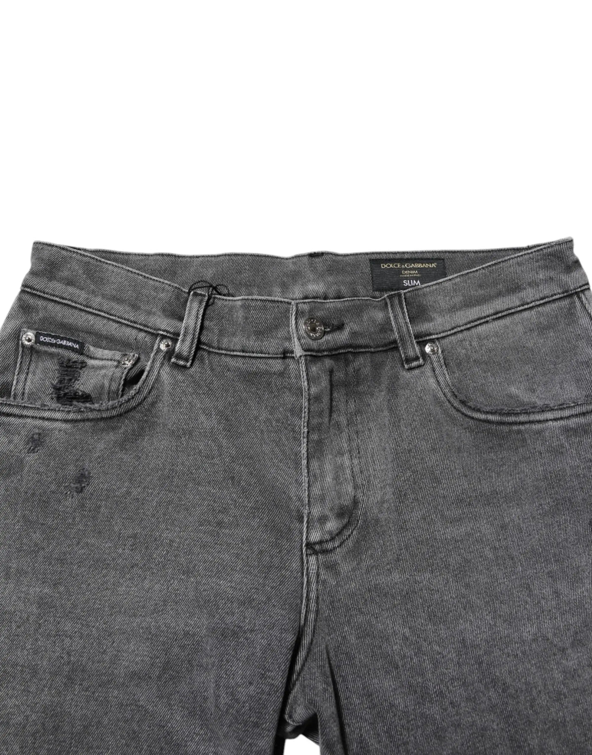 Jean slim gris foncé en denim coton distressed avec logo dolce gabbana et coutures de marque visibles