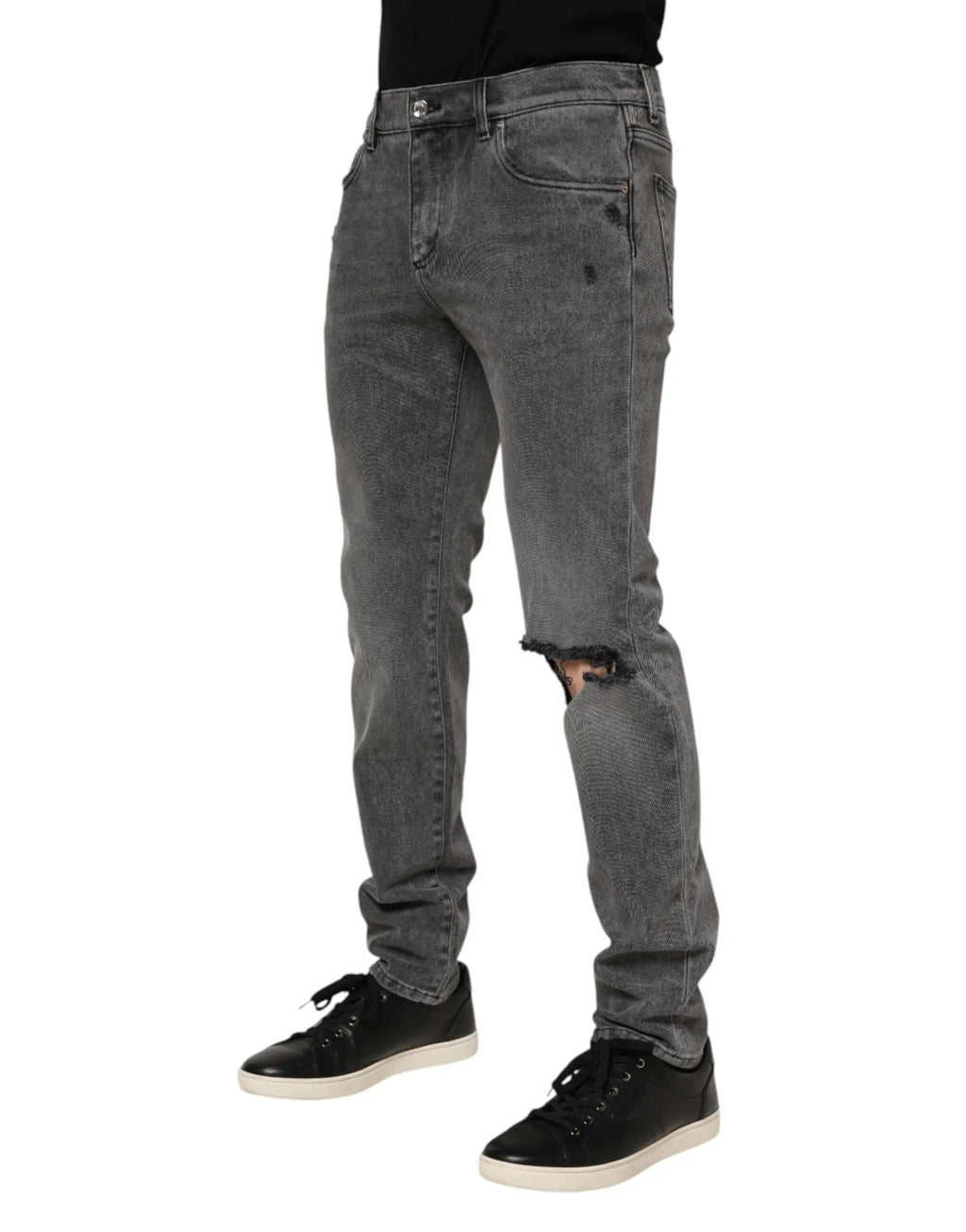 Jean en denim gris foncé distressed dolce & gabbana avec détail déchiré au genou et plaque logo en coton