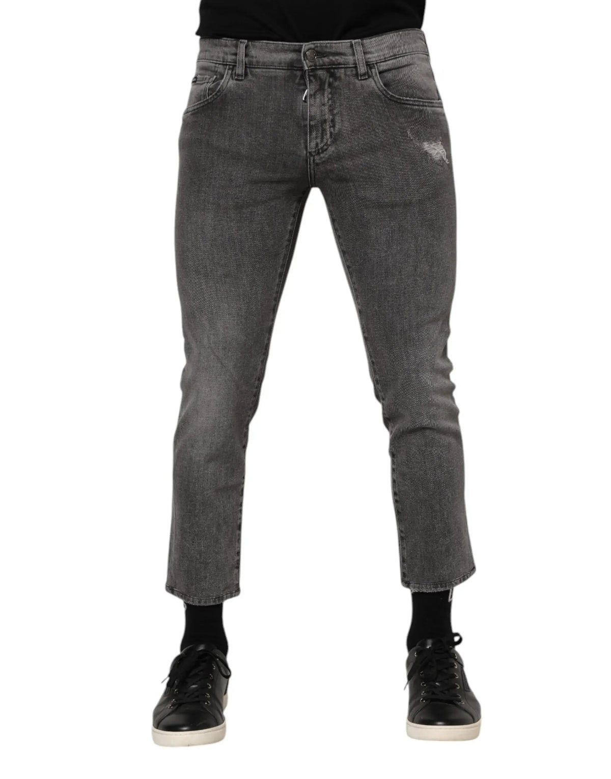 Jean slim gris foncé en coton avec logo dolce & gabbana, délavé et déchiré avec bords effilochés