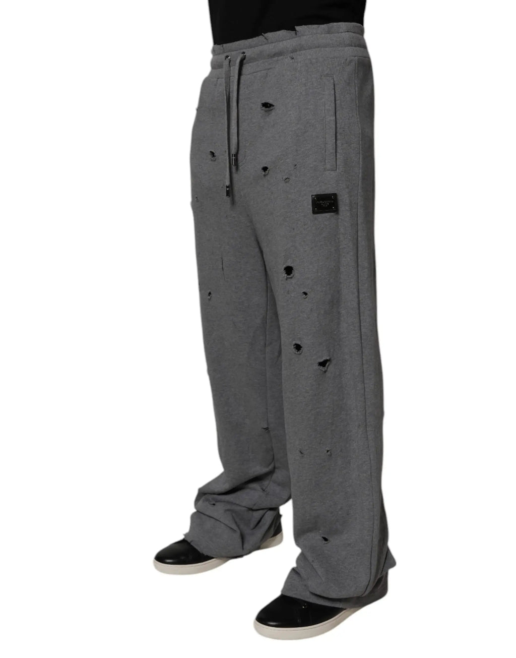 Pantalon de survêtement droit gris dolce & gabbana en coton avec taille à cordon et patch noir sur la cuisse