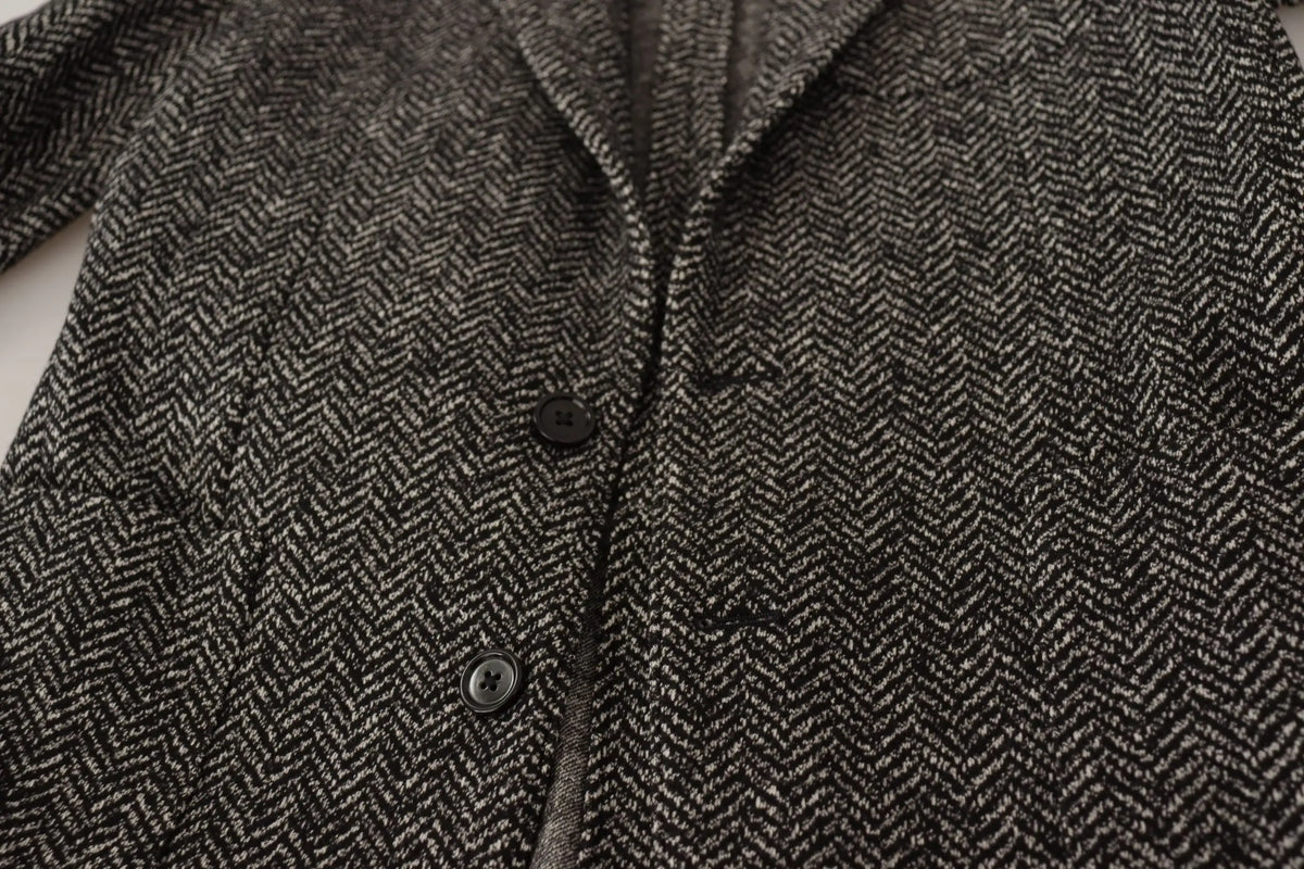 Dolce & gabbana blazer gris en coton avec boutons noirs et motif chevrons en laine gris foncé et blanc