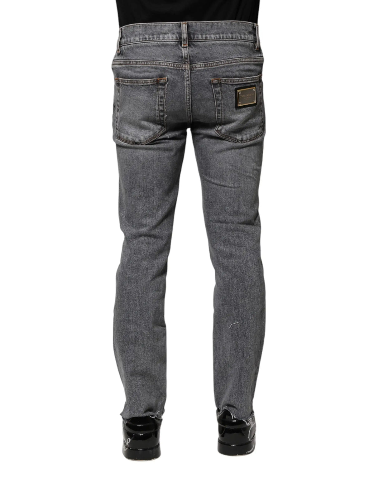 Jeans skinny en coton gris dolce & gabbana en denim ajusté avec lavage subtil et patch doré au dos