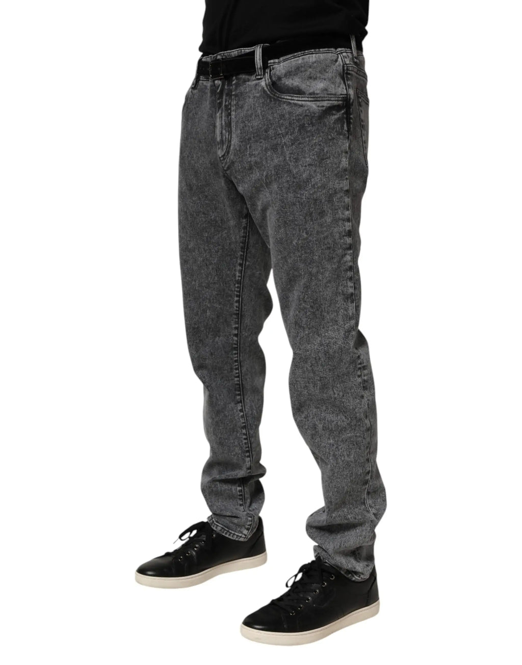 Dolce & gabbana jean slim fit en coton gris foncé délavé avec ceinture noire en denim