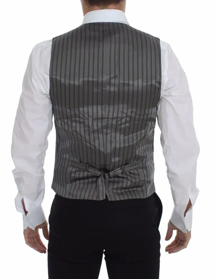 Dolce & gabbana gilet gris rayé en coton stretch avec finition satinée et fermeture à nouer au dos