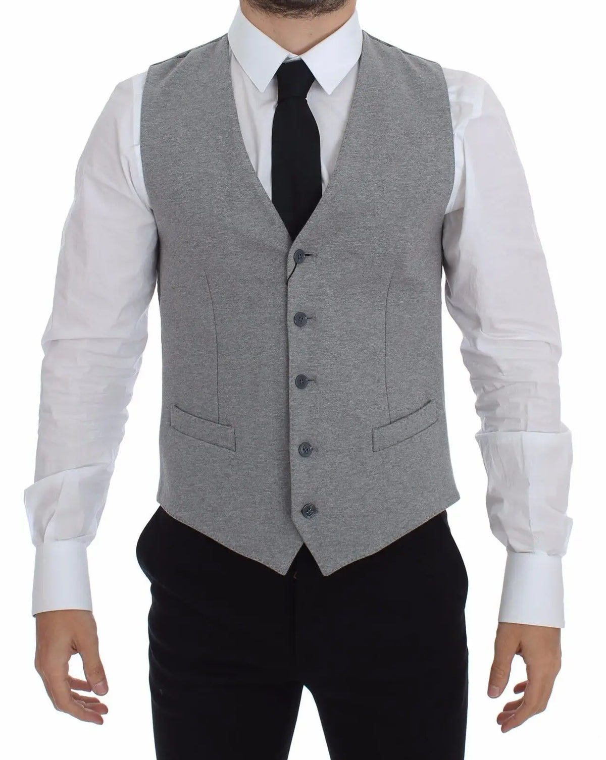 Gilet en laine grise texturée dolce & gabbana avec cinq boutons foncés et deux poches avant en coton stretch