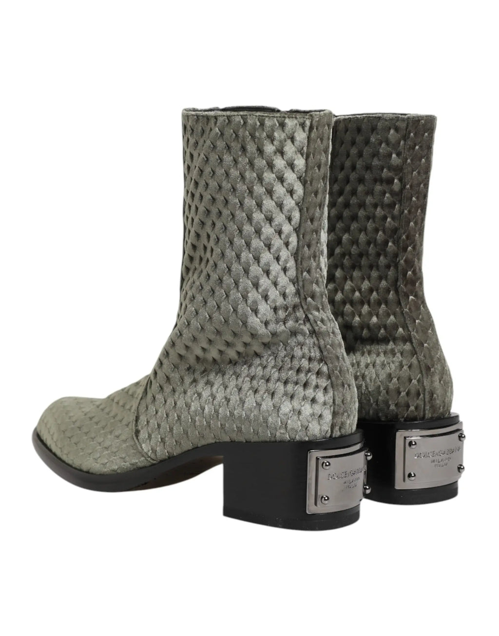 Bottes courtes mi-mollet dolce & gabbana en velours coton gris avec talons blocs noirs et plaques métalliques de marque