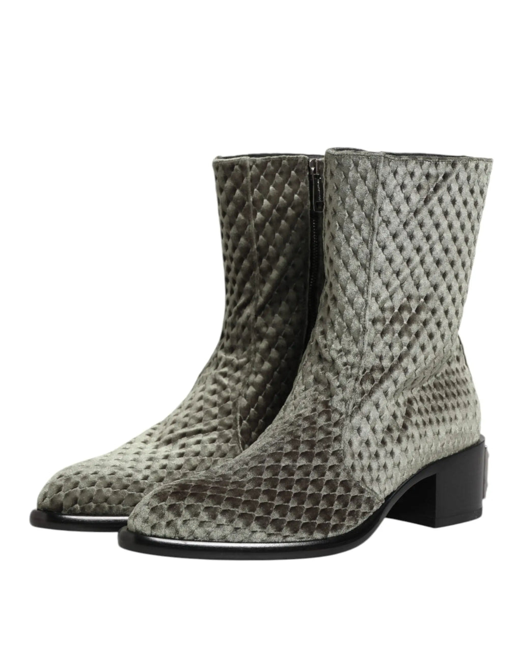 Dolce & gabbana bottes courtes en velours de coton gris avec fermeture éclair et talon bloc bas