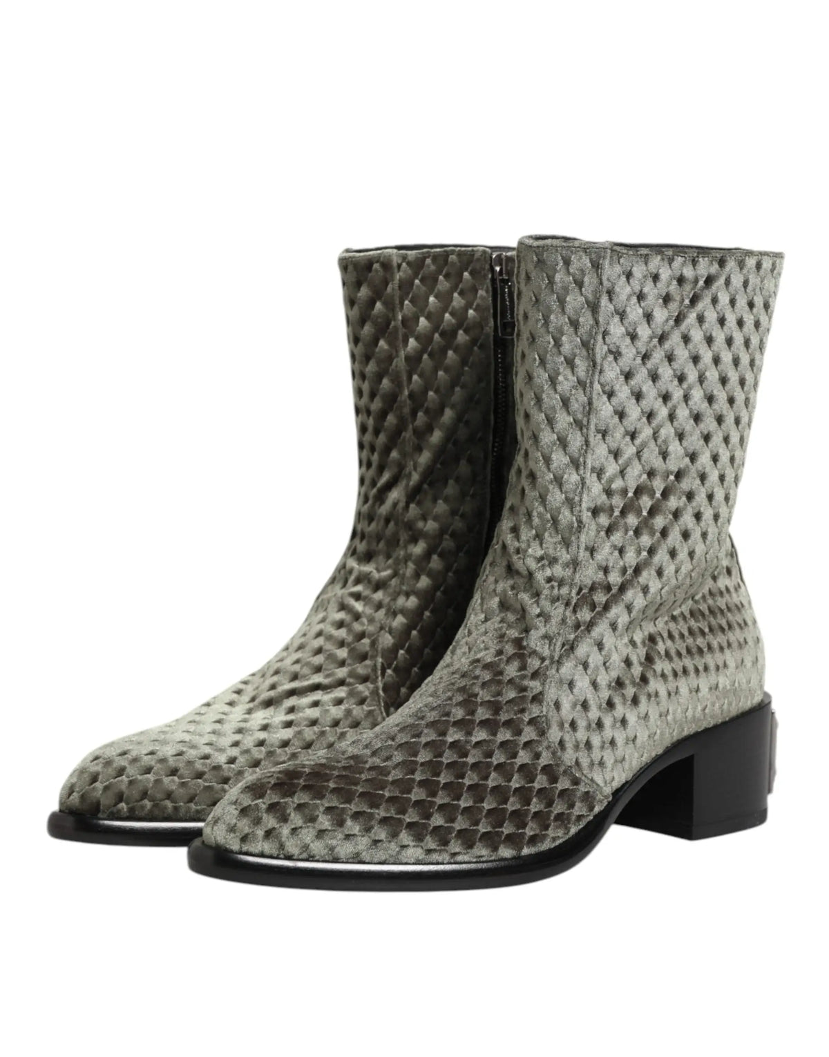 Dolce & gabbana bottes courtes en velours de coton gris avec fermeture éclair et talon bloc bas