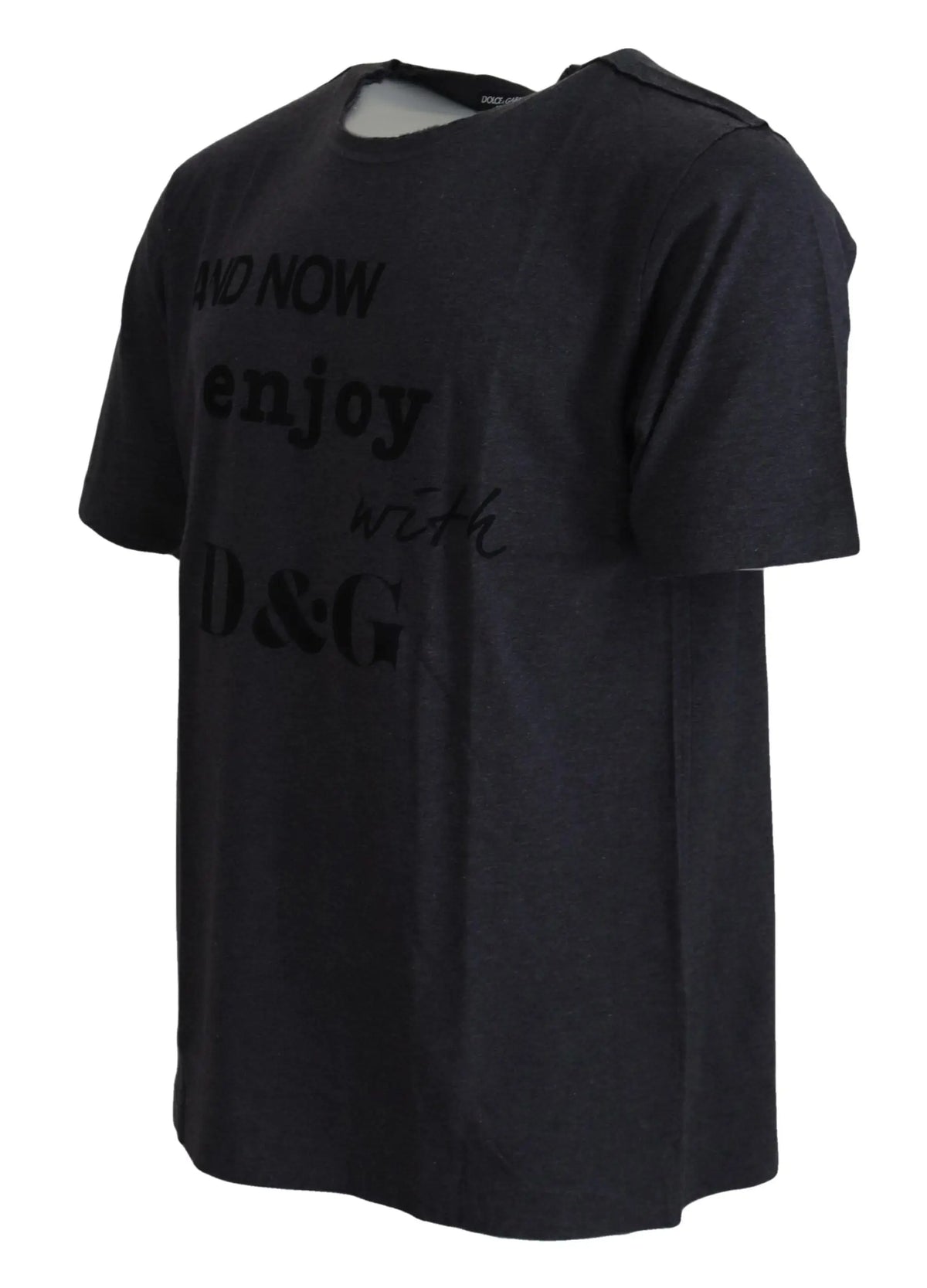 T-shirt dolce gabbana gris en coton à col rond avec inscription noire légèrement délavée and now enjoy with d&g
