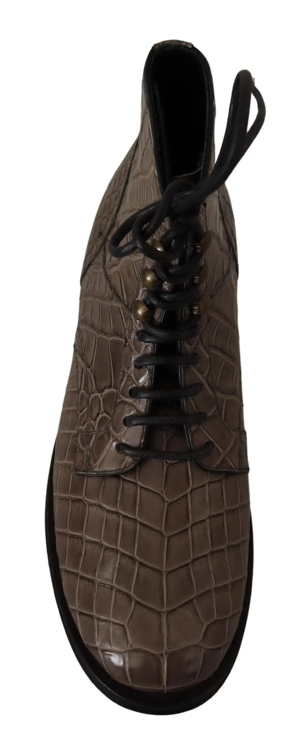 Dolce & gabbana derby boots en cuir croco gris avec lacets noirs et finition brillante